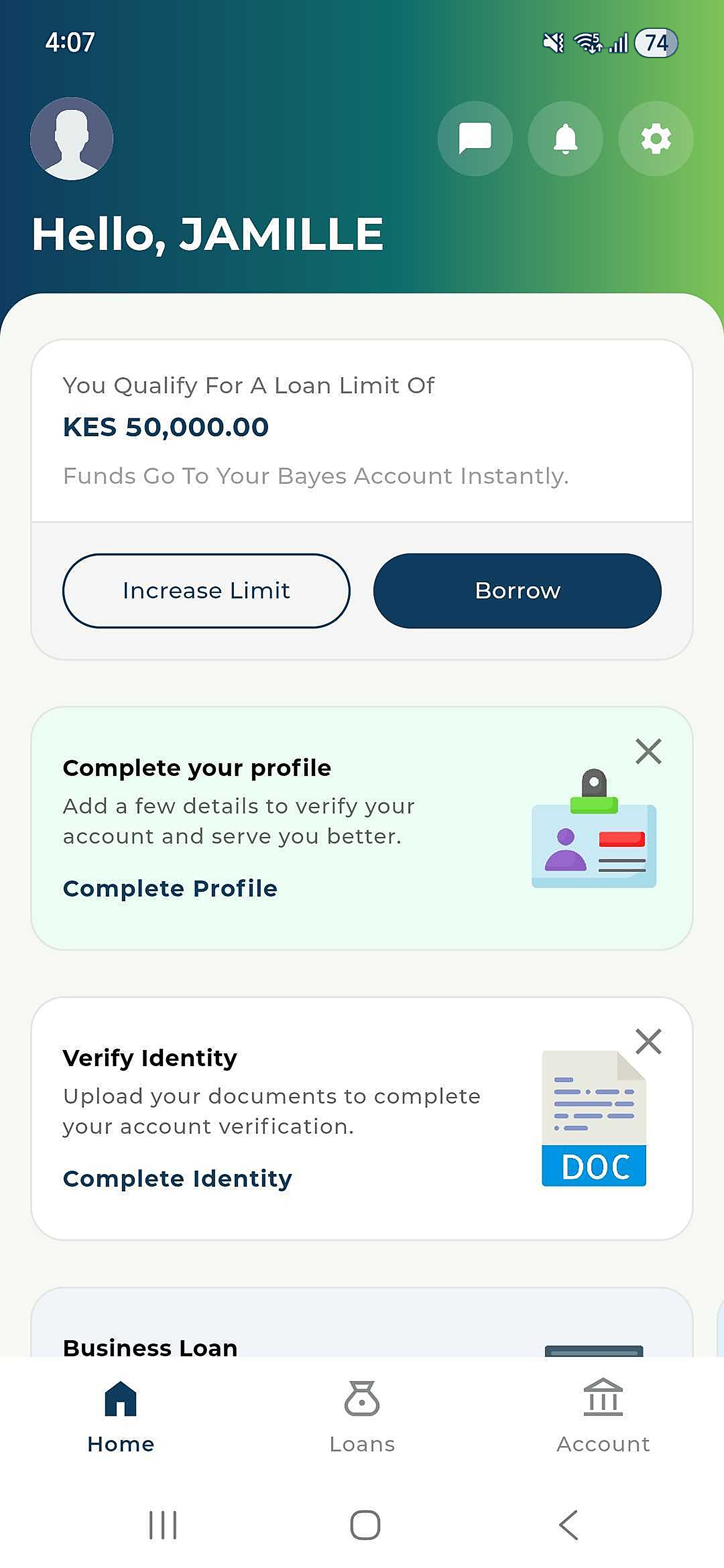 Apply for a Loan screen